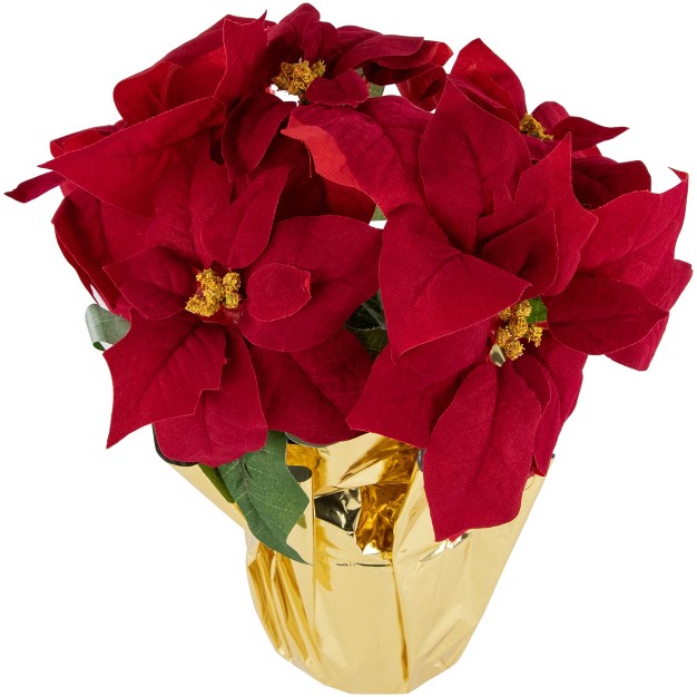 Red Artificial Christmas Poinsettia Arrangement With Gold Wrapped Pot