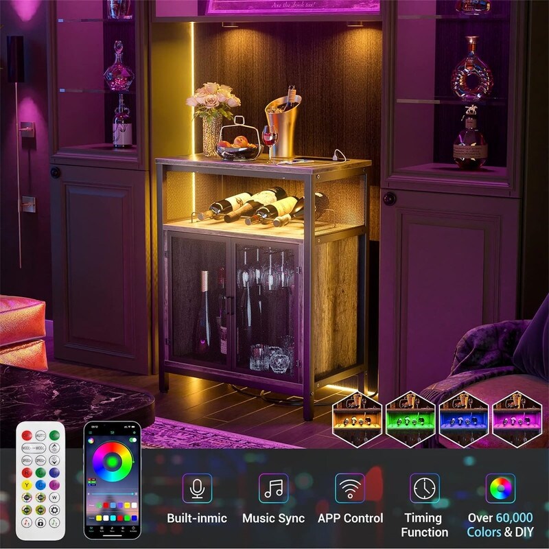 Wine Bar Cabinet with RGB Light and Outlet   23.6\