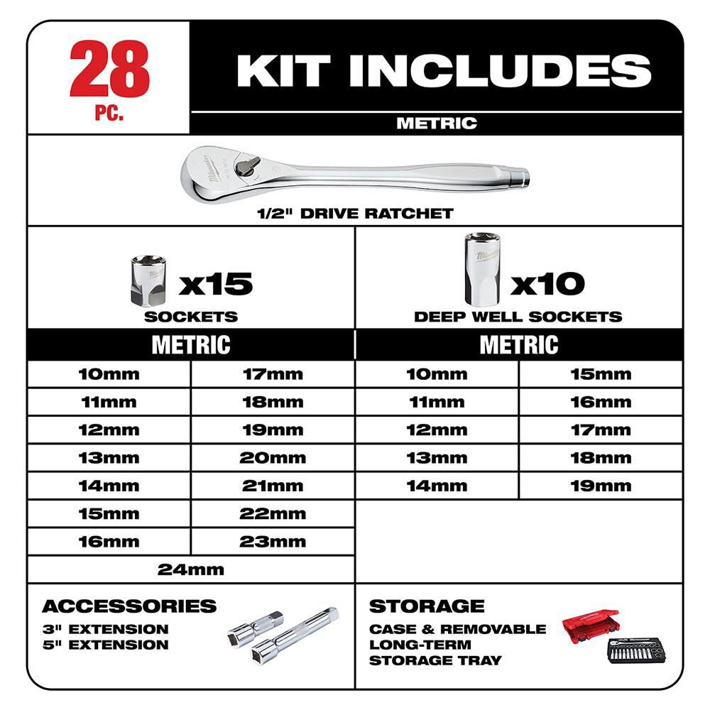 MW 28 pc. 1/2 in. Socket Wrench Set (Metric) 48-22-9510 from MW