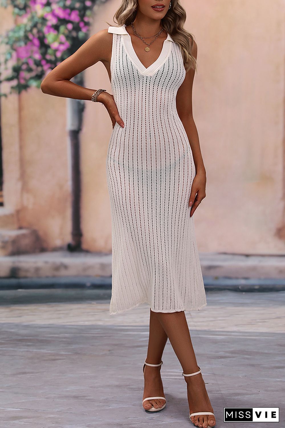 V Neck Hollow Out Knit Midi Dress