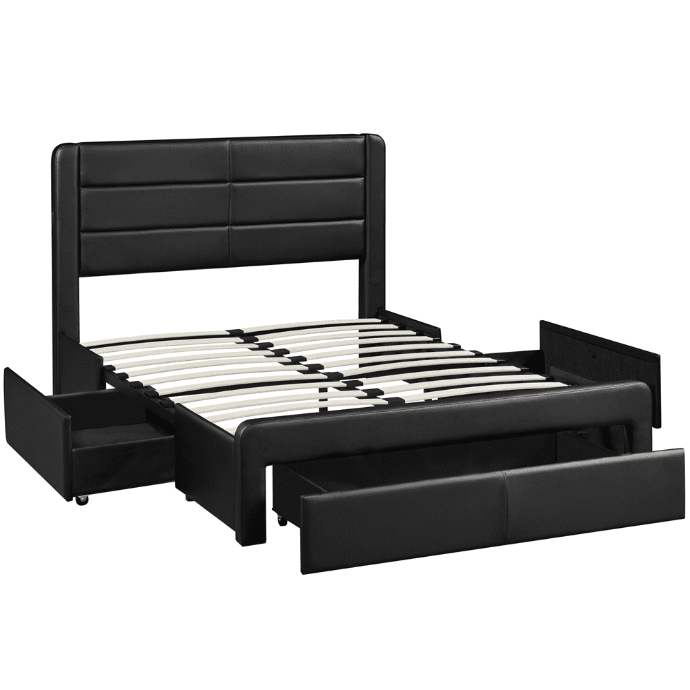 Yaheetech Upholstered Queen Bed with 3 Storage Drawers and Built-In USB Ports/Leather,Black