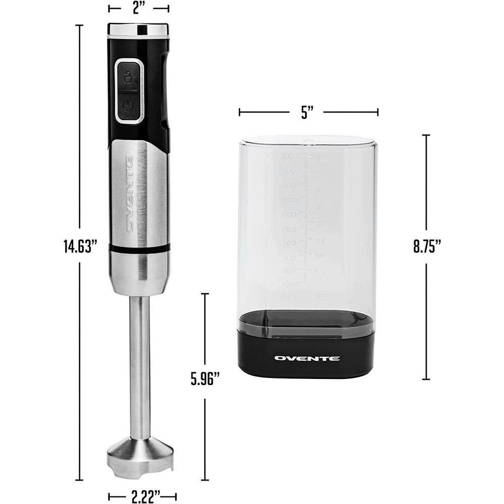 OVENTE Immersion Blender Black Stainless Steel Blades 200-Watt Cordless Rechargeable Hand Blender 8-Speed Settings HR981B