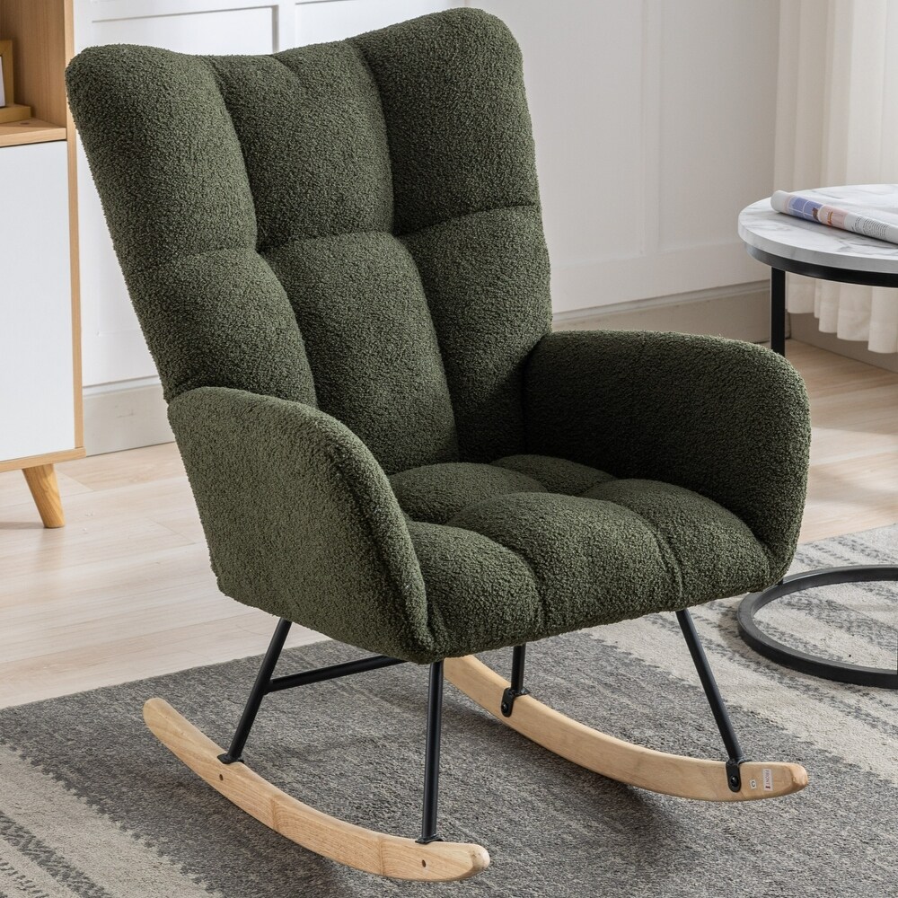 Soft Velvet Rocking Chair  Comfy Wingback Glider Rocker  Dark Green