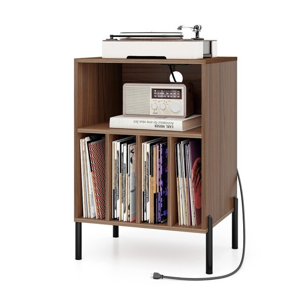 Record Player Stand with Record Storage Shelf and Charging Station