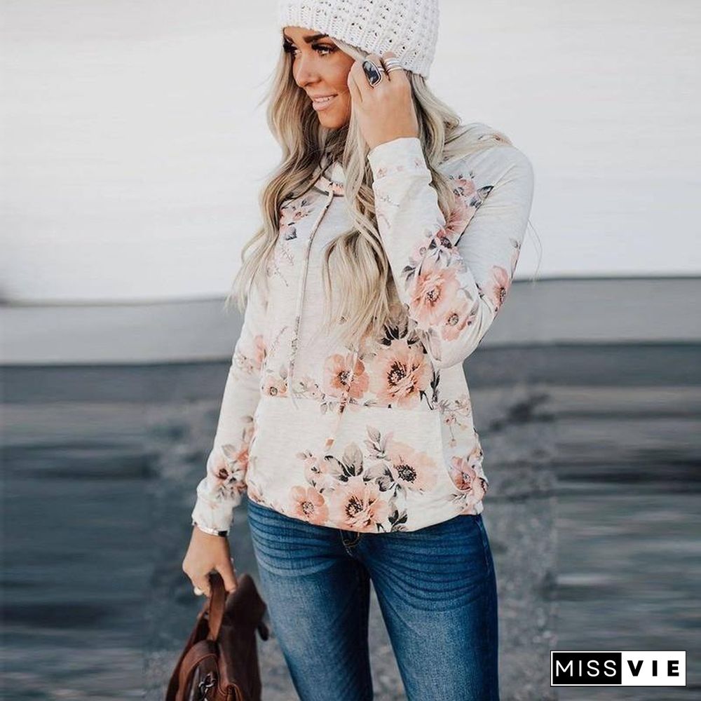 Autumn Winter Woman Hoodie Floral Printing Sweatshirt For Women Long Sleeve Streetwear Hoodies 2XL Tops Plus Size Women Clothing