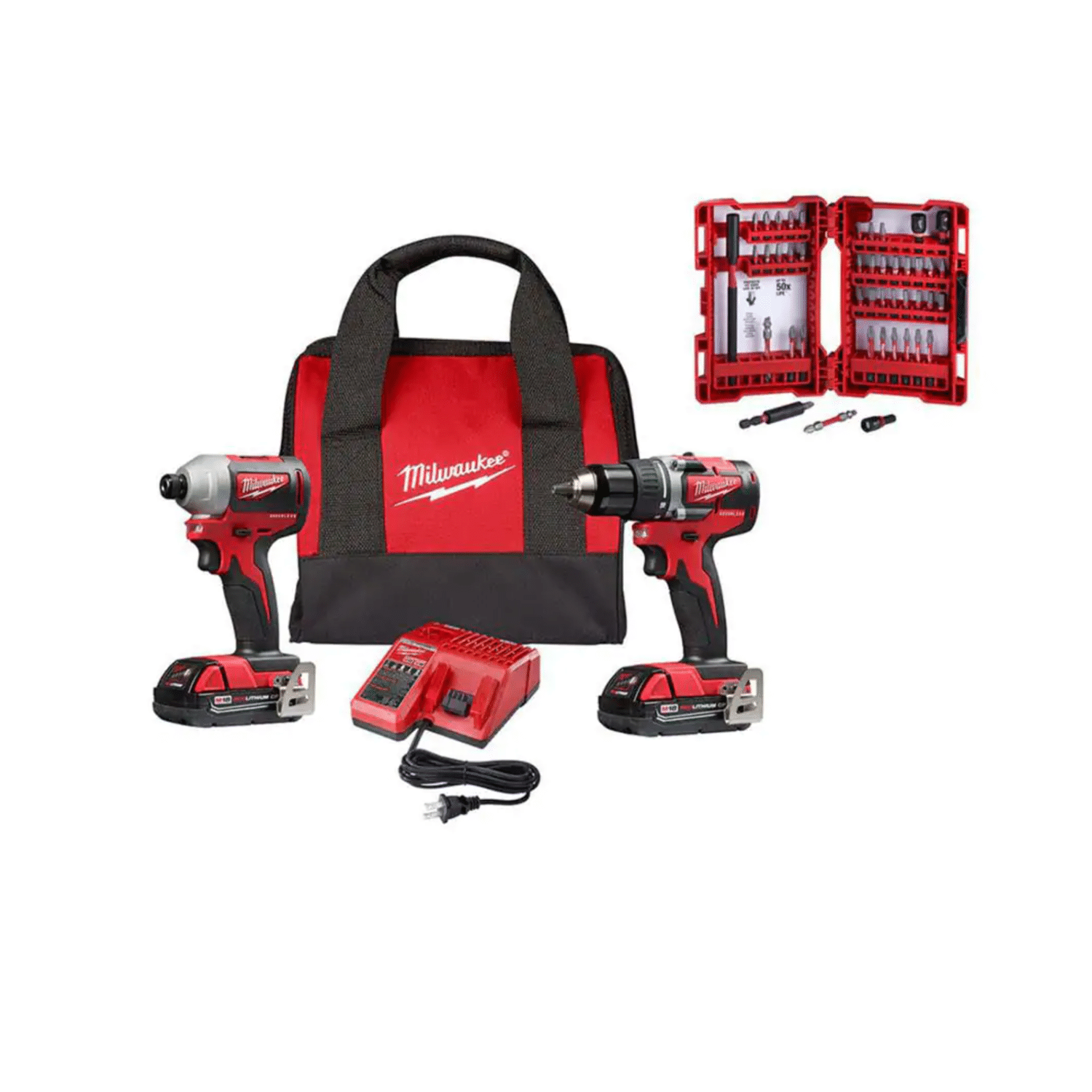 Milwaukee M18 18-Volt Lithium-Ion Brushless Cordless Compact Drill/Impact Kit W/ SHOCKWAVE Bit Set