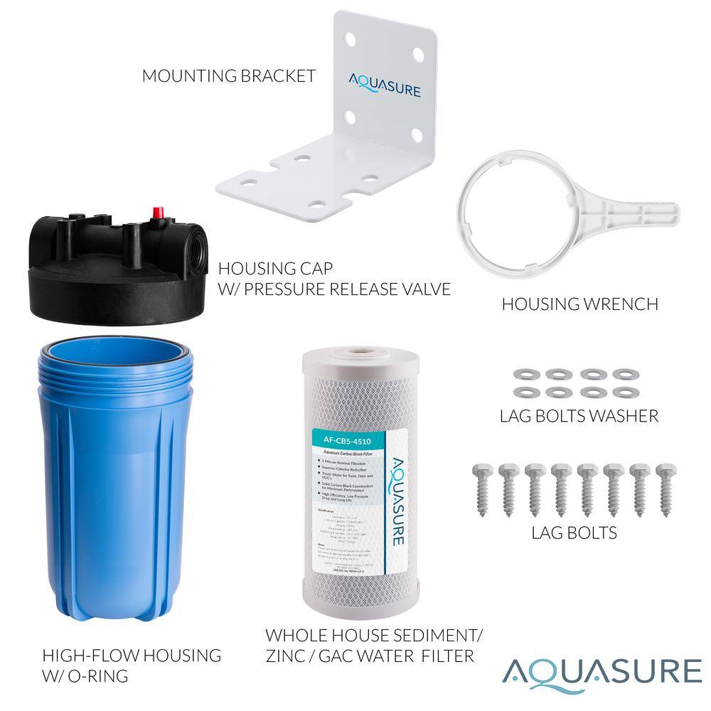 AQUASURE Fortitude High Flow Whole House Water Filter with 5-Micron Carbon Block Water Filter 10 in. x 4.5 in. AS-F110CB5