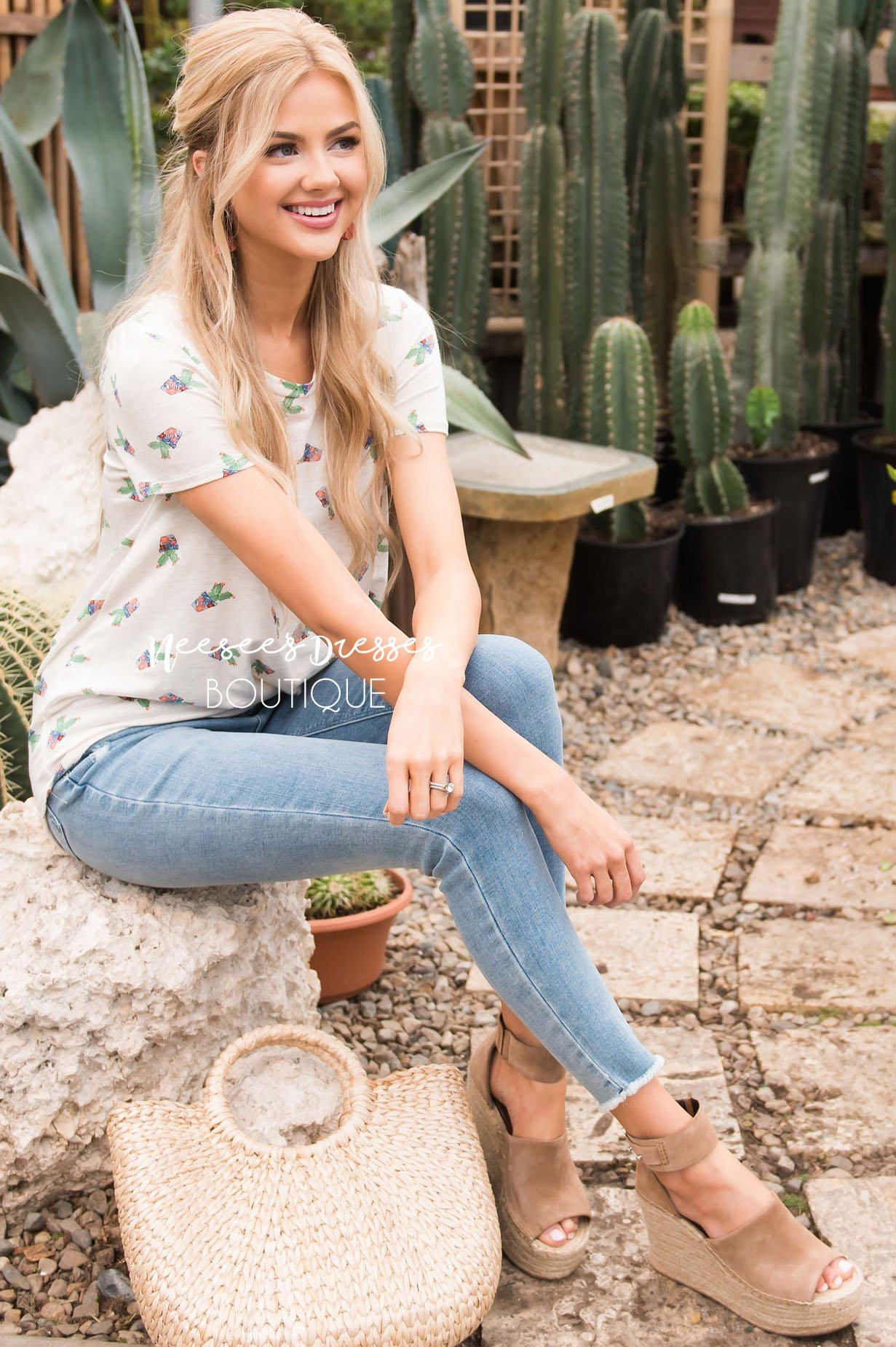 Front Knot Cactus Print Top