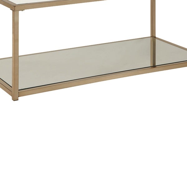 Glass Top Coffee Table with Metal Frame and Open Shelf， Brass