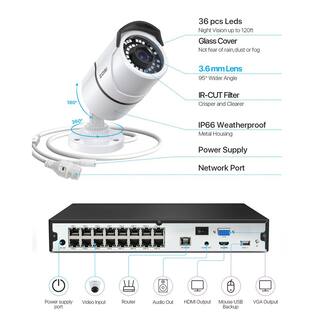 ZOSI 16-Channel 4K POE Security Cameras System with 4TB Hard Drive and 12 Wired 5MP Outdoor IP Cameras 120ft Night Vision 16DK-2615W12-40-A2