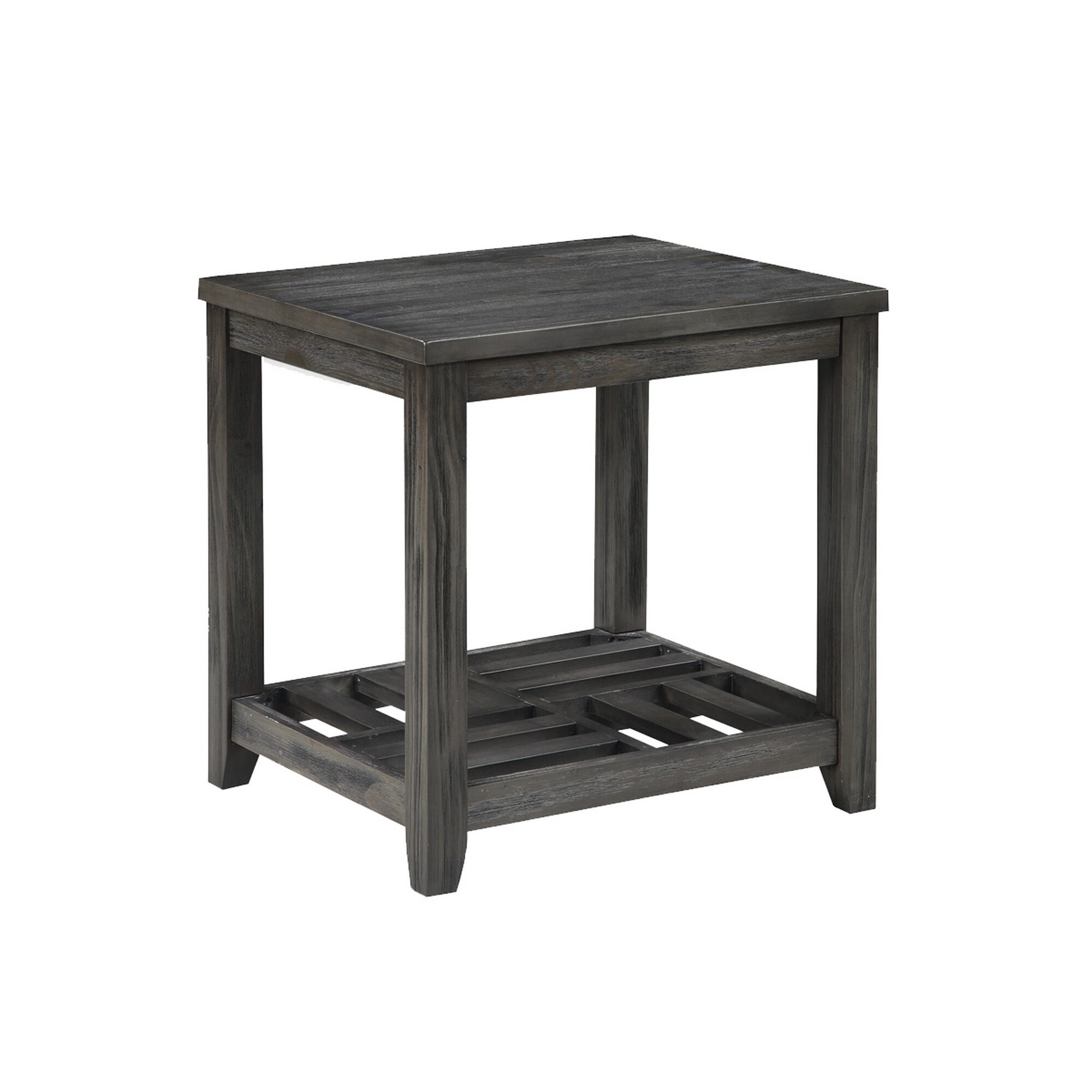 Transitional Style Wooden End Table with Open Slatted Shelf， Gray