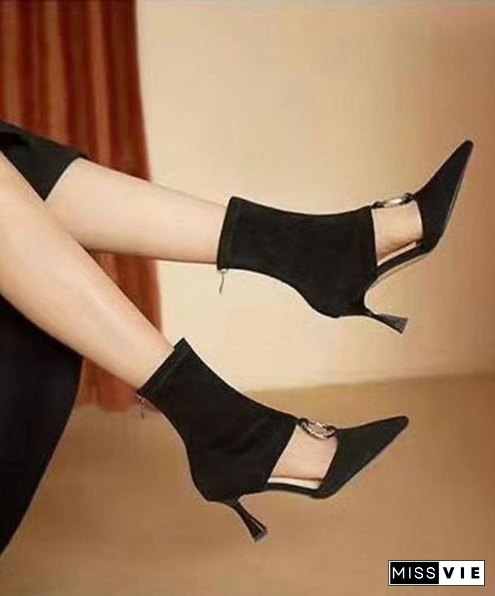 Art Splicing Zircon Hollow Out Pointed Toe Boots Black Suede