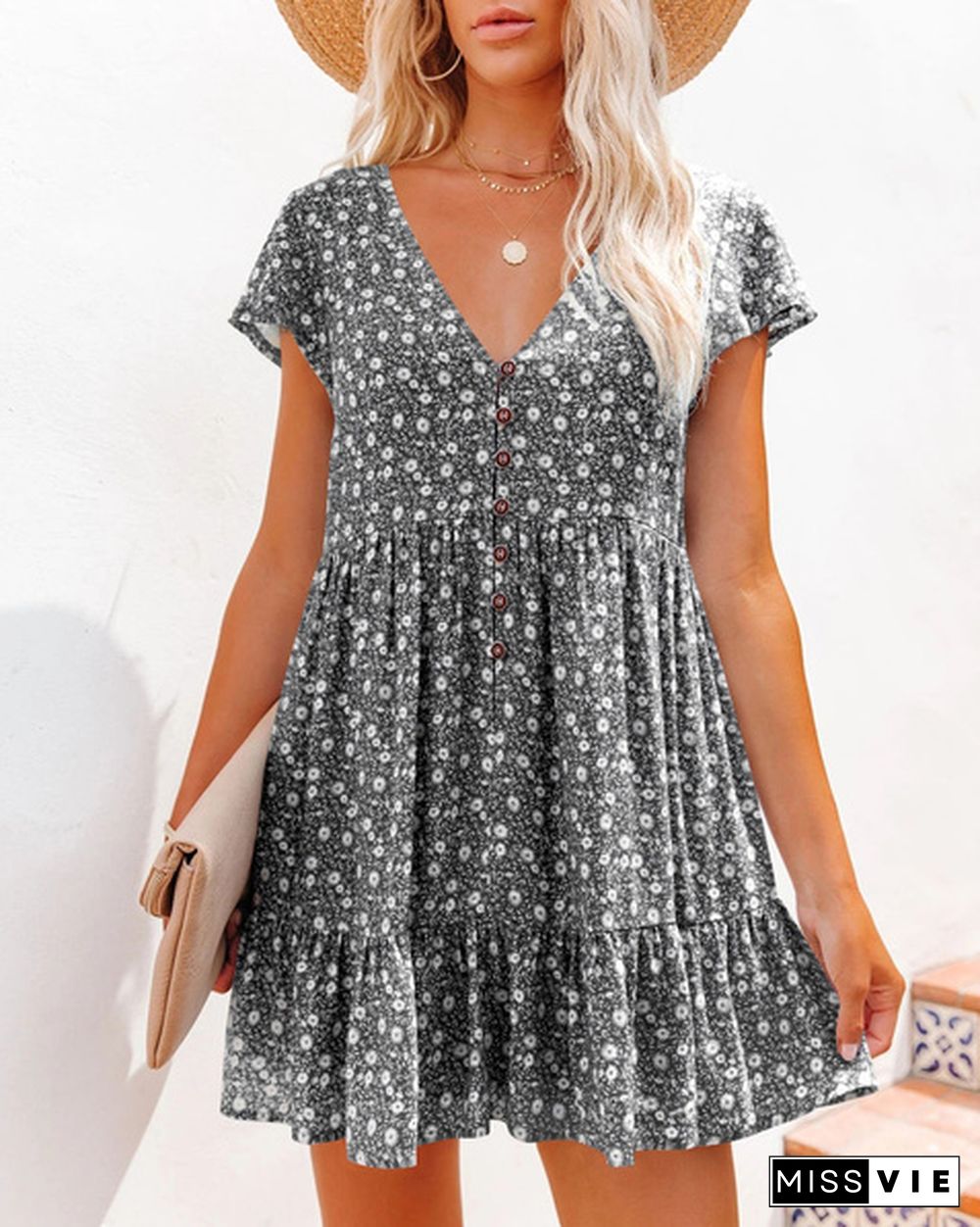 XS-8XL Spring Summer Dresses Plus Size Fashion Clothes Women's Casual Short Sleeve Dress Ladies Button Up Floral Flower Printed Dress Patchwork Loose Mini Pleated Dress Beach Wear Short Party Dress