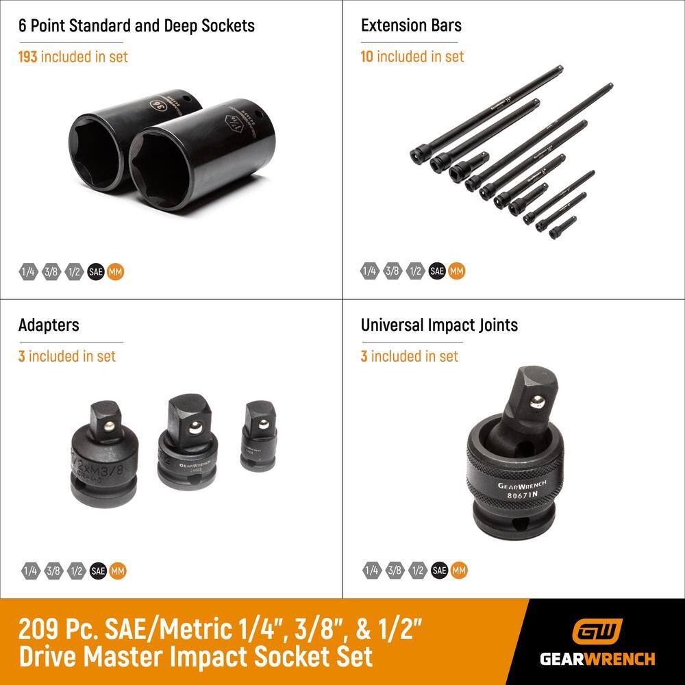 GEARWRENCH 14 in. x 38 in. and 12 in. Drive 6-Point Standard and Deep SAEMetric Master Impact Socket Set (209-Piece) 89072