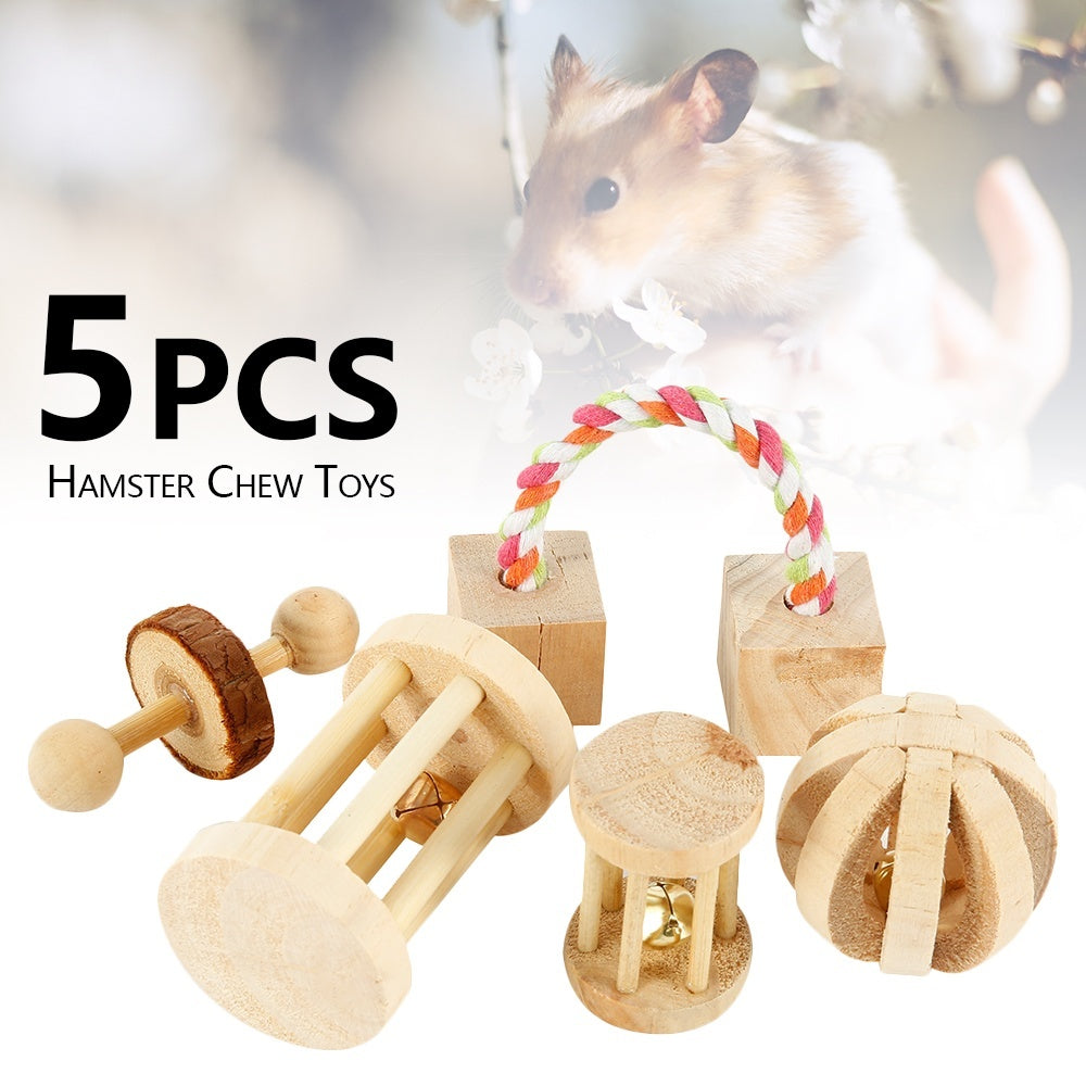 Willstar 5PCS Hamster Chew Toys Natural Wooden Play Toy Exercise Bell Roller Teeth Care Molar Toy for Bunny Rabbits Rats Gerbils and Other Small Pets