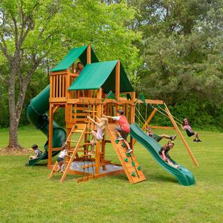 Gorilla Playsets Great Skye I Wooden Outdoor Playset with Green Vinyl Canopy and 2 Wave Slides and Backyard Swing Set Accessories 01-0030-AP-1