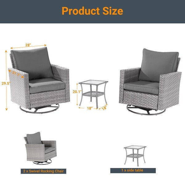 LIVOOSUN 3Piece Patio Sofa Set Gray Rattan Swivel Rocking Chair Glass Table