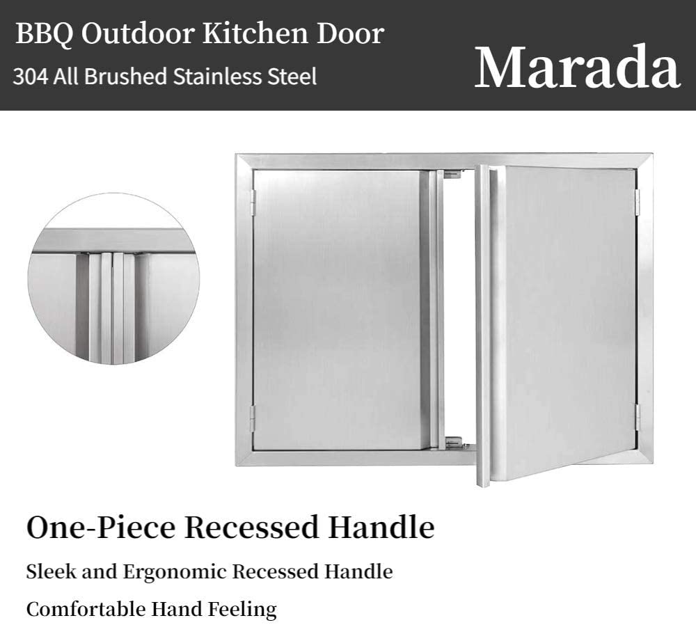 Marada 29.5" W x 22" H Double Door Kitchen Outdoor 304 All Brushed Stainless Steel Flush Mount Double Wall Door for BBQ Island & Gril