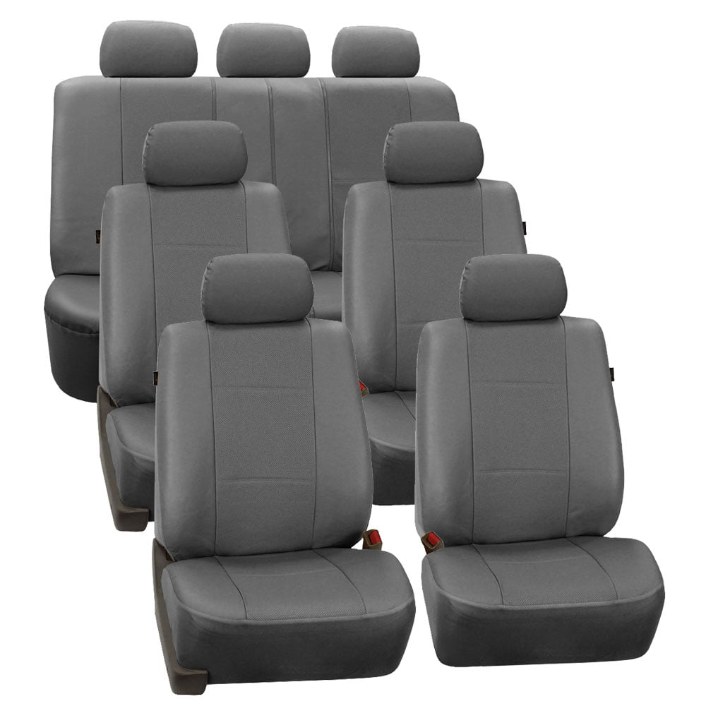 FH Group Gray Deluxe Faux Leather Airbag Compatible and Split Bench Car Seat Covers， 7 Seater 3 Row Full Set