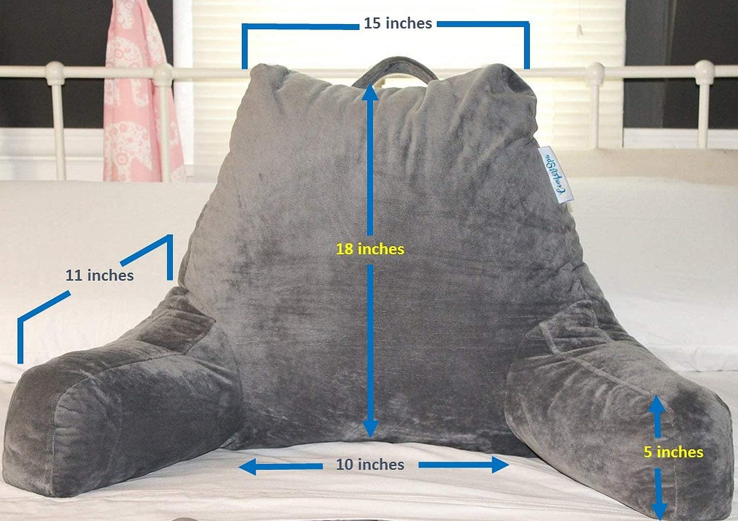 Reading Pillow Bed Wedge Large Adult Backrest Lounge Cushion with Arms and Pockets | Back Support for Sitting Up in Bed / Couch for GERD Heartburn Bedrest (Grey)