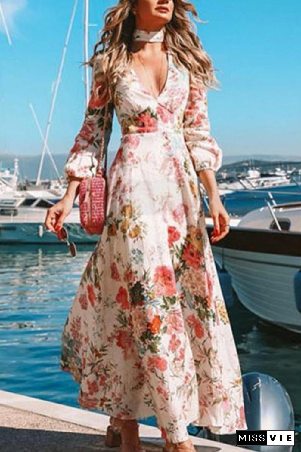 Deep V-neck Long Sleeve Printed Dress P11232