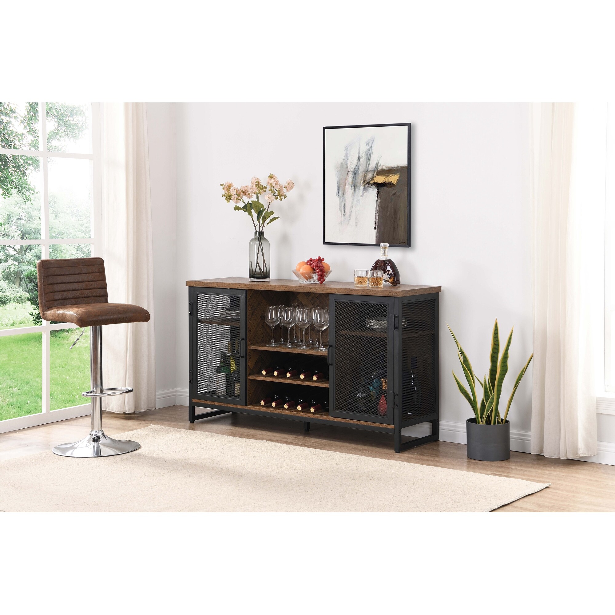 Wine Bar Cabinet for Liquor and Glasses， TV Stand and Media Entertainment Center Console Table