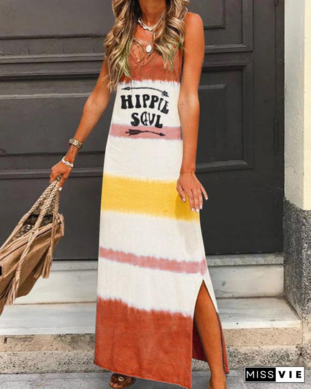 V Neck Casual Sleeveless Gradient Maxi Dresses