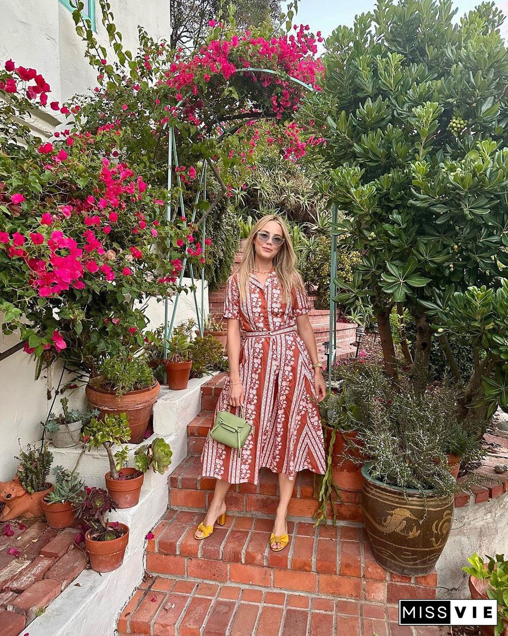 Red Short Sleeve Print Midi Dress