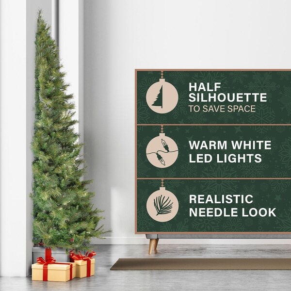 Fraser Hill Farm 7.5Ft. PreLit Half Wall Green Christmas Tree，Warm White LED Lights