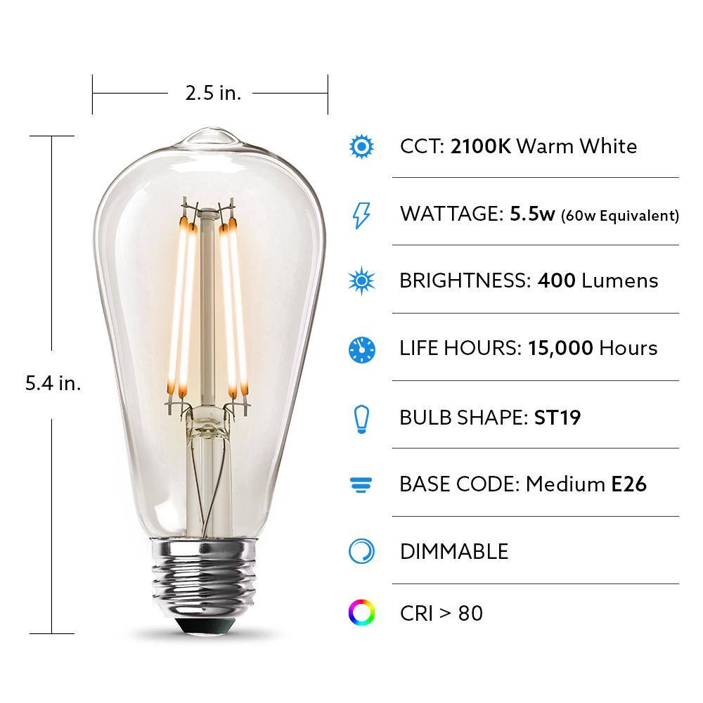 Feit Electric 60-Watt Equivalent ST19 Dimmable Straight Filament Clear Glass Vintage Edison LED Light Bulb Warm White (4-Pack) ST19CLLEDHDRP4