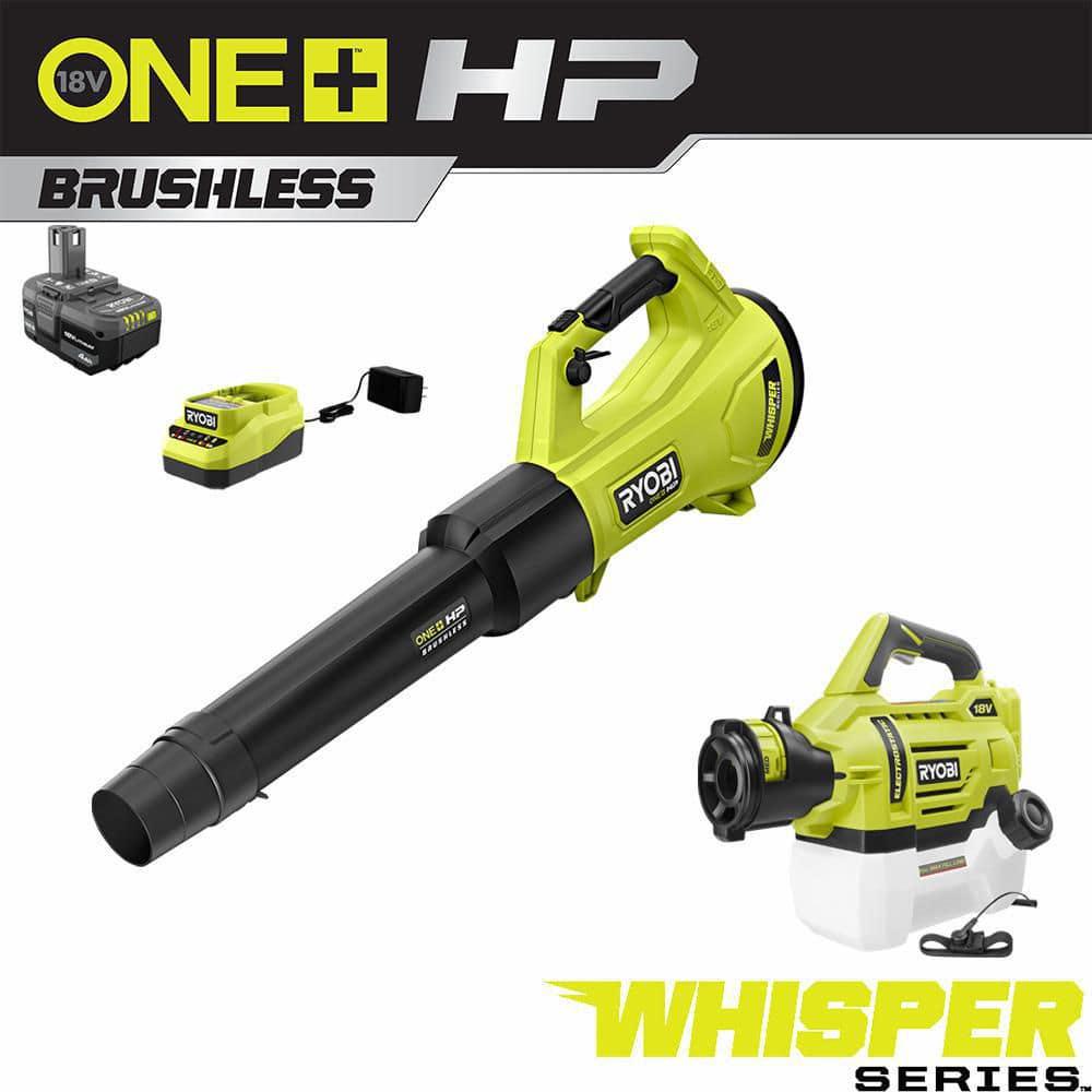 RYOBI ONE HP 18V Brushless Whisper Series 130 MPH 450 CFM Cordless Blower wElectrostatic Sprayer 40 Ah Battery and Charger