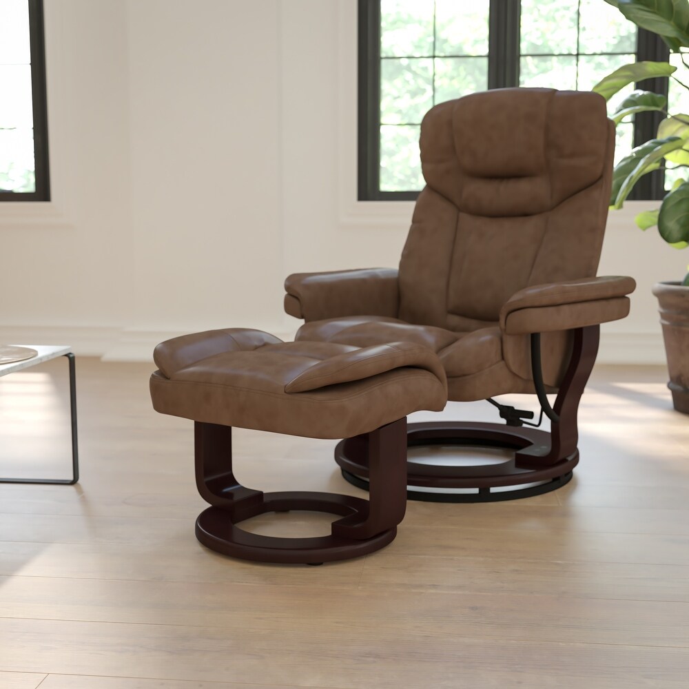 Contemporary Multi Position Recliner and Curved Ottoman with Swivel Base