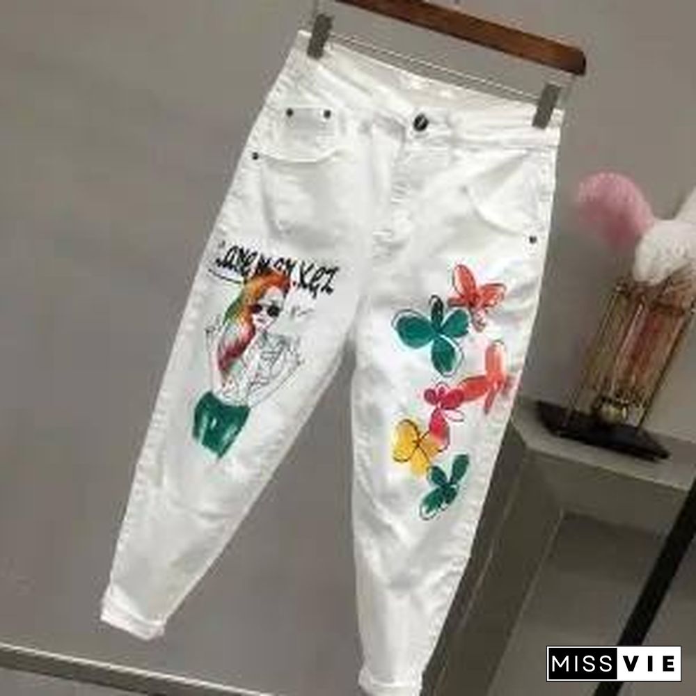 plus Size Women White Denim Jeans Cartoon Graffiti Flowers Print Stretched Hallen Jeans Pencil Pants Autumn Skinny Jeans LU1271