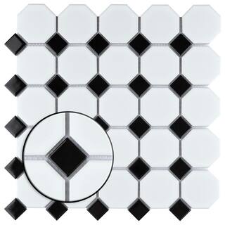 Merola Tile Metro Octagon Matte White wBlack Dot 11 12 in. x 11 12 in. Porcelain Mosaic  9.4 sq. ft. Case FXLM2OWD