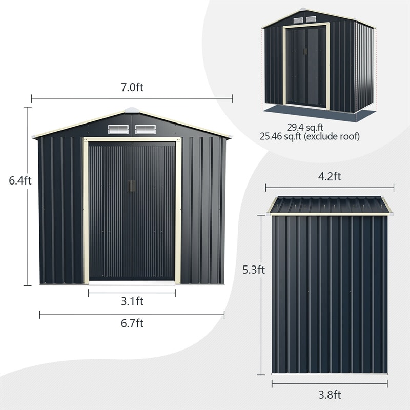 7 x 4 FT Outdoor Metal Storage Shed with 4 Air Vents & Sliding Double Lockable Doors, Backyard Tool Shed Garden Storage House