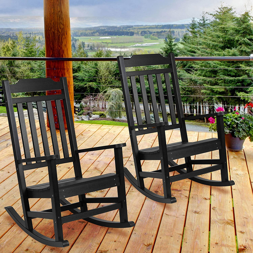 Set of 2 Rocking Chair  Tall Design With Contoured Seat and Slatted Back  Black   Transitional   Rocking Chairs   by Declusia  Houzz