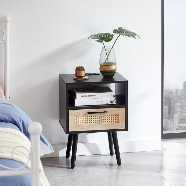 Modern Side table with Drawer and Solid Wood Legs，Rattan Nightstand with Power Outlet and USB Ports