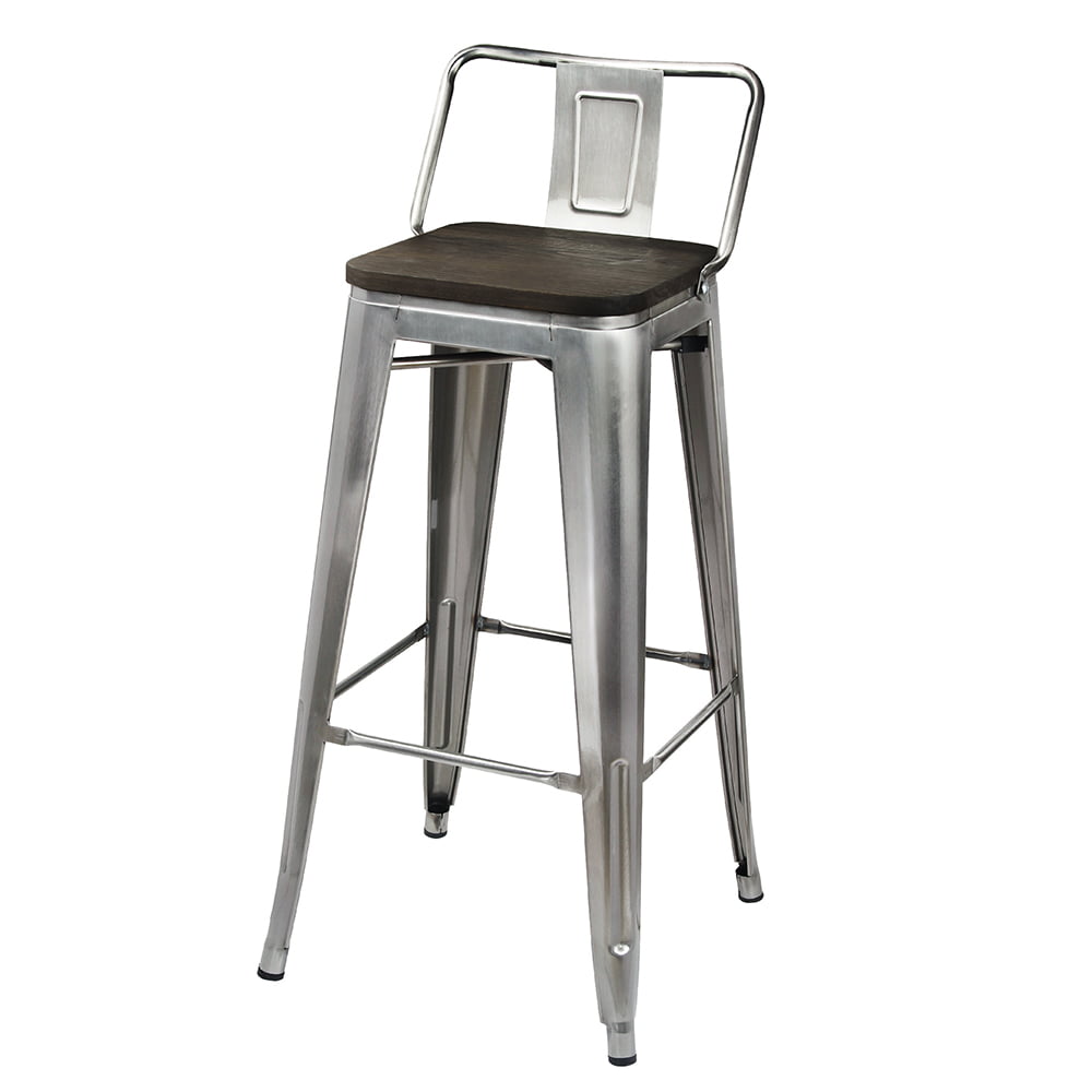 GIA Design Group 30 Inch Bar Height Middle Back Metal Stool with Dark Wooden Seat， Gunmetal