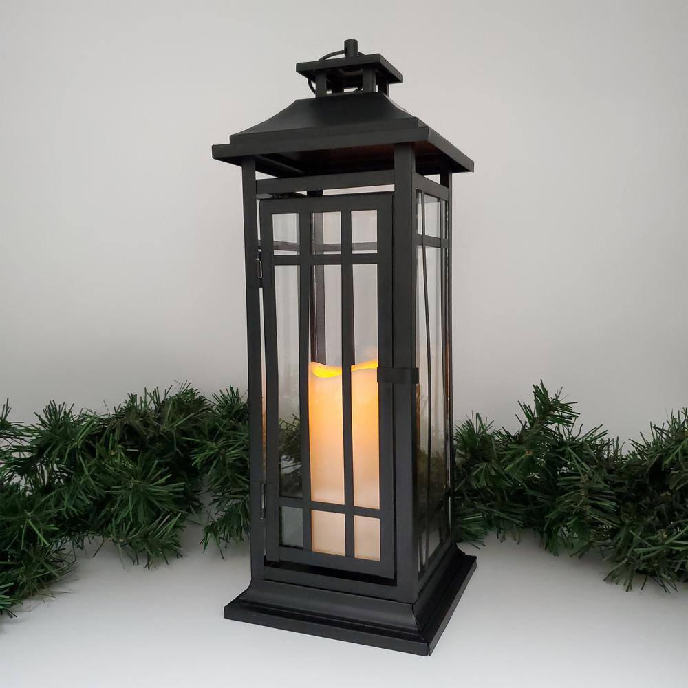 LUMABASE 17 in. Black Window Battery Operated Metal Lantern with LED Candle 88901