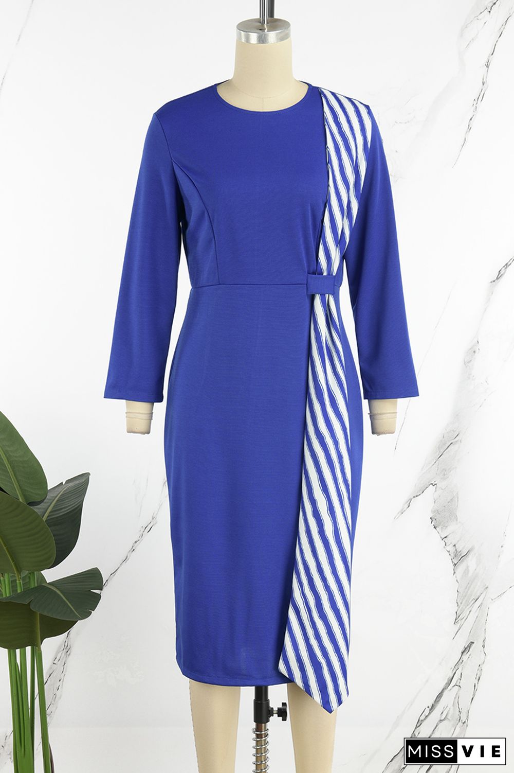 Deep Blue Casual Striped Patchwork O Neck Long Sleeve Dresses