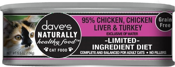 Dave's Pet Food Naturally Healthy 95% Chicken， Chicken Liver and Turkey Canned Cat Food， 5.5-oz， case of 24