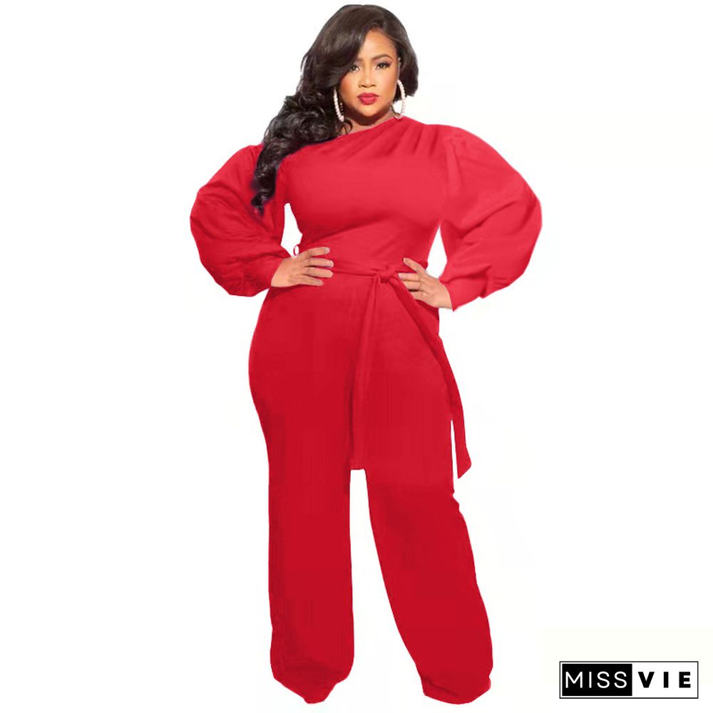 Long Sleeve Lace Up Plus Size Wide Leg Jumpsuits