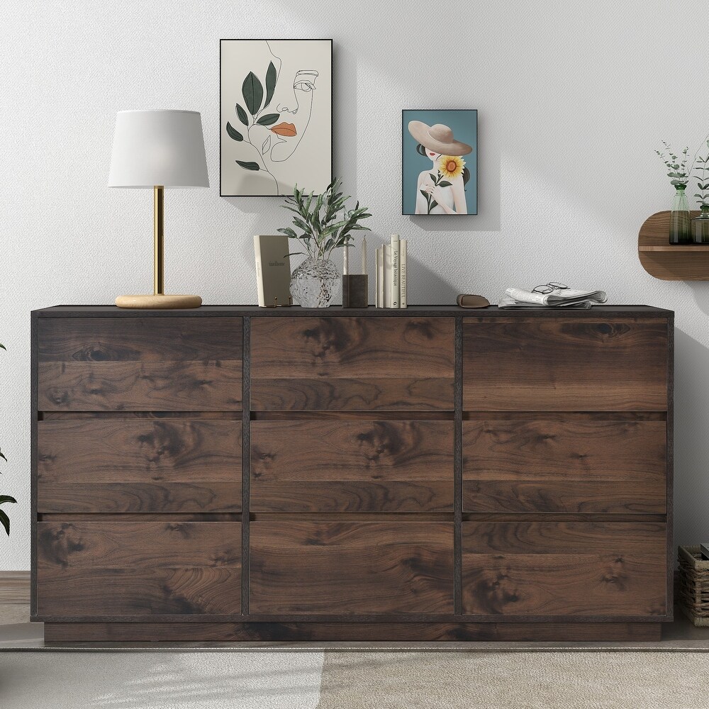 Modern Dark Walnut 9 Drawer Dresser with Durable MDF Board  Smooth Metal Rails  and Ample Storage Space