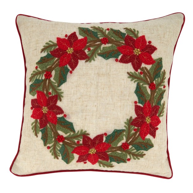 Christmas With Poinsettia Wreath Design Square Throw Pillow Cover