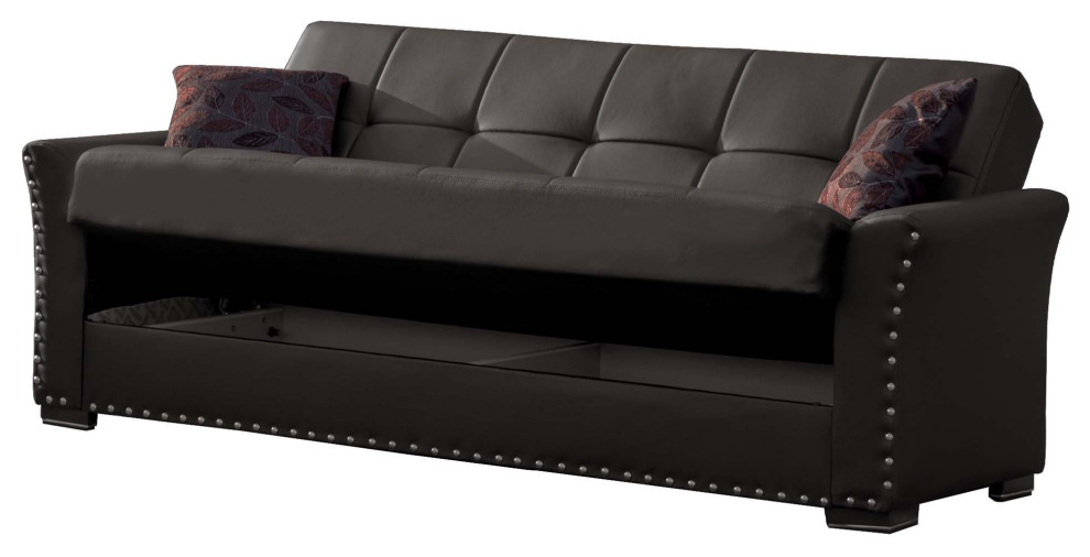 Sleeper Sofa  Square Tufted Seat With Click Clack Technology  Black Leatherette   Transitional   Sleeper Sofas   by Decorn  Houzz