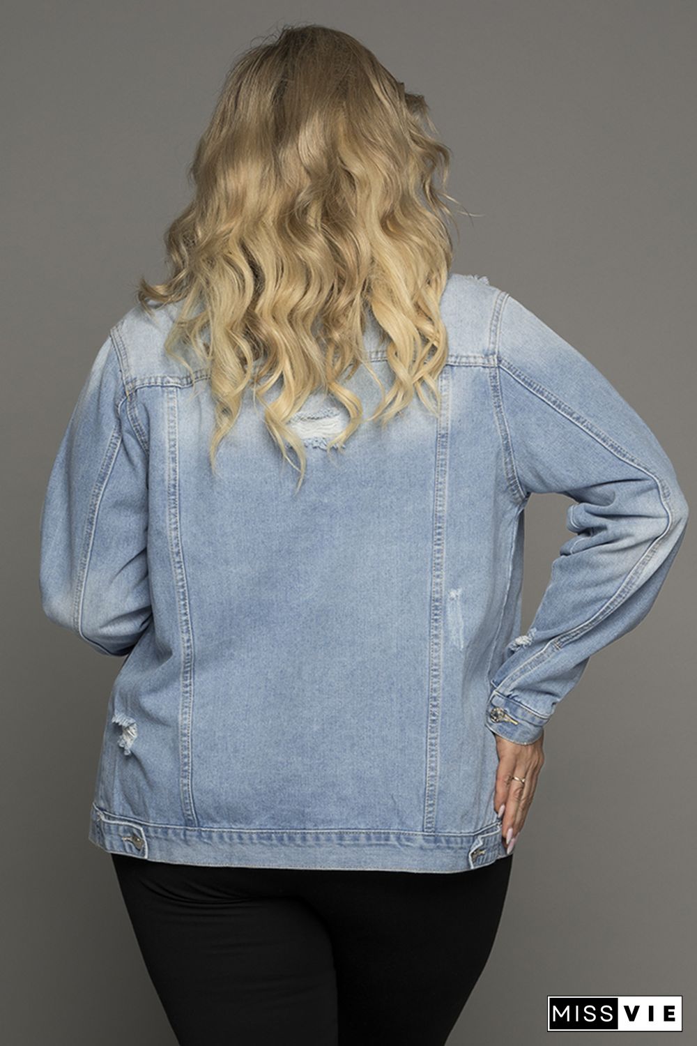 Light Blue Plus Size Washed Pocketed Denim Jacket