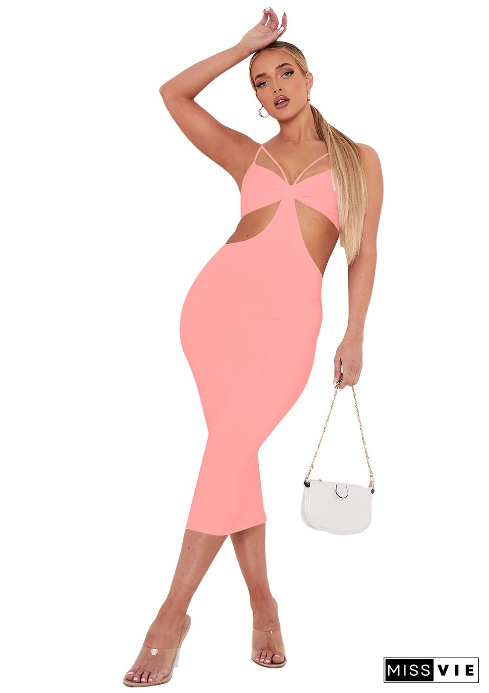 Summer Women Sexy Solid Color Spaghetti Strap V-Neck Hollow Out Backless Skinny Club Party Maxi Dress