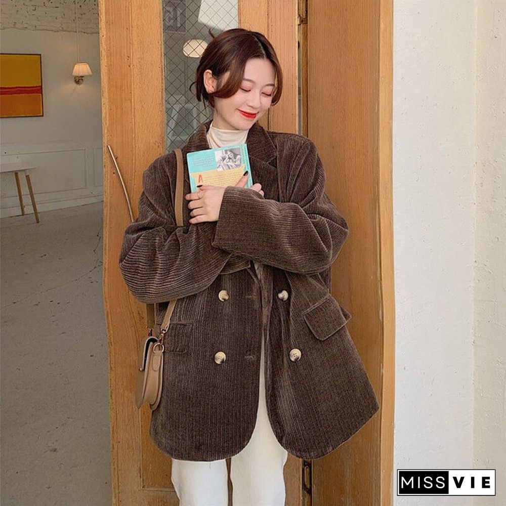 Fall Retro Women's Blazers Corduroy Full Sleeve Long Coats Women Korean Fashion Double-breasted Loose Blazer Winter Mujer