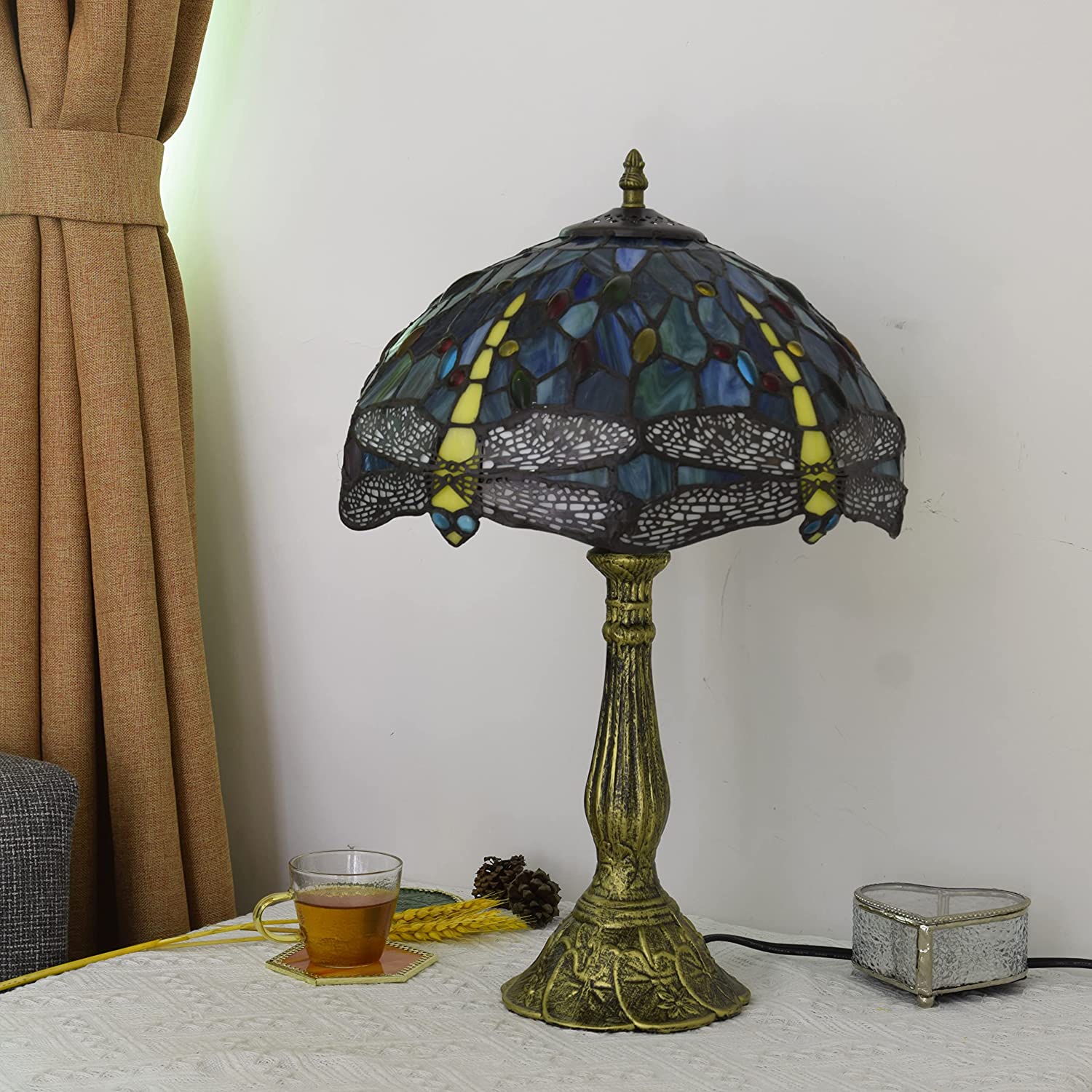 SHADY Tiffany Lamp Stained Glass Lamp Dragonfly Green Bedroom Table Lamp Reading Desk Light for Bedside Living Room Office Dormitory Dining Room Decorate  12x12x18 Include Light Bulb