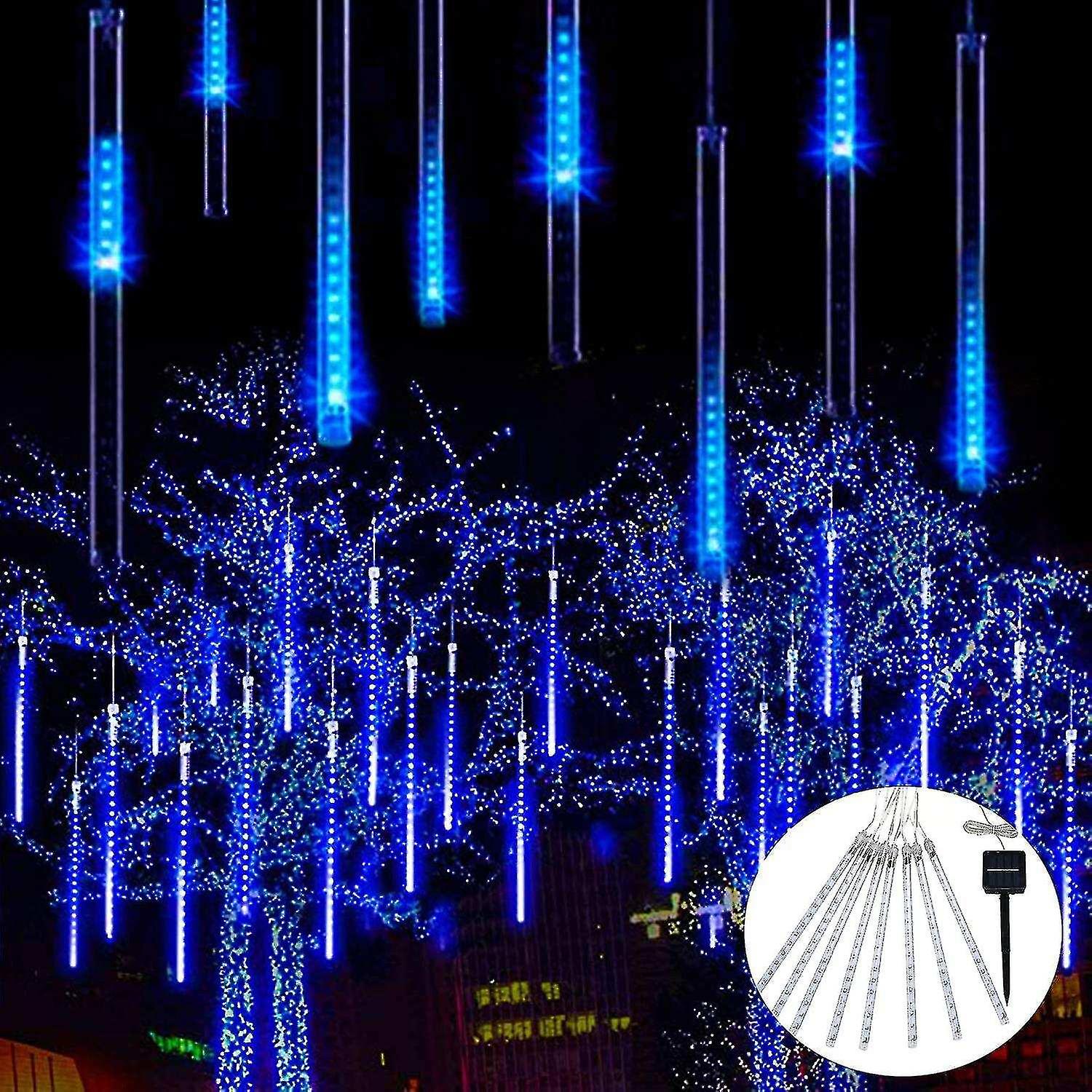 Solar Meteor Shower Lights Outdoor， 30cm 8 Tubes 144 Led Blue Meteor Lights Falling Rain Lights， Wat